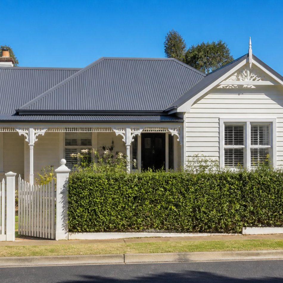 Australian weatherboard cottage with a dark grey corrugated steel roof